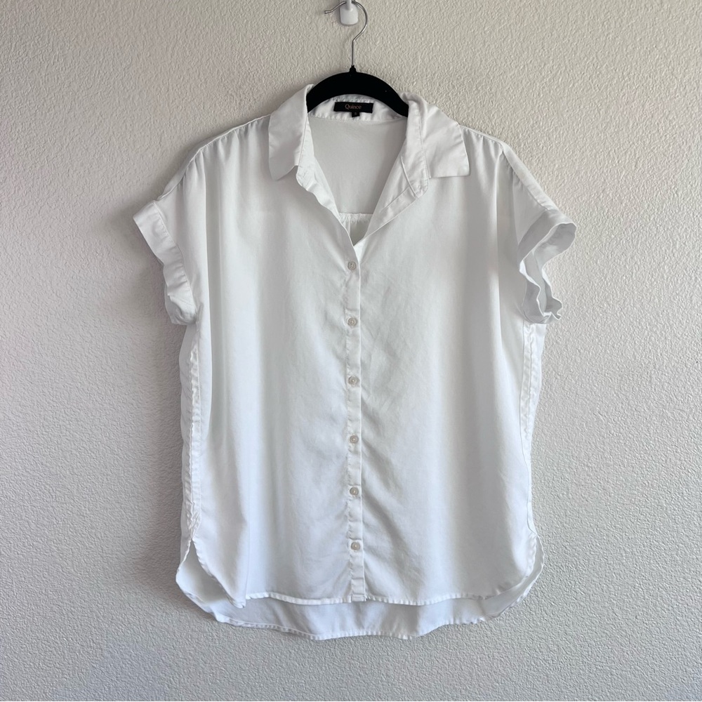 Quince White Ruffled Button Down Shirt with Notched Collar